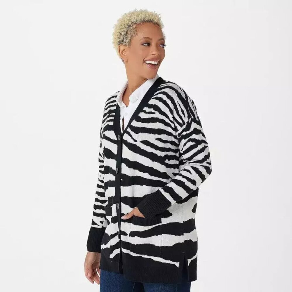 Isaac Mizrahi | Zebra Print Black White Button Front Knit Cardigan | Sz M